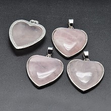 Honeyhandy Heart Platinum Plated Brass Natural Rose Quartz Pendants, Cadmium Free & Lead Free, 36x31x7mm, Hole: 4x8mm