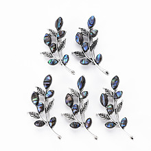 Honeyhandy Leaf Shape Natural Abalone Shell/Paua Shell Brooch Pin, Alloy Lapel Pin for Girl Women, Lead Free & Cadmium Free, Antique Silver, Colorful, 57~58x26~27x9mm, Hole: 5x3mm, Pin: 0.7mm