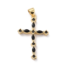 Honeyhandy Eco-friendly Brass Micro Pave Cubic Zirconia Pendants, Long-Lasting Plated, Real 18K Gold Plated, Cadmium Free & Lead Free, Cross, Black, 30x19x3mm, Hole: 3.7x3.5mm