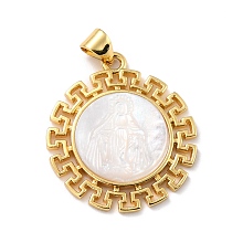 Honeyhandy Eco-Friendly Brass Pendants, Long-Lasting Plated, with Natural Shell, Real 18K Gold Plated, Cadmium Free & Lead Free, Round with Jesus Pattern, Floral White, 26.5x23.5x2.5mm, Hole: 4.5x3.5mm