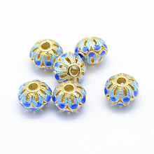 Honeyhandy Electroplate Brass Enamel Beads, Cadmium Free & Lead Free, Rondelle, Golden, Deep Sky Blue, 11x8.5mm, Hole: 3mm