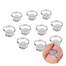 PandaHall Elite 10 Pcs Adjustable Ring Base Blanks with 14mm Flat Glue on Pad Silver