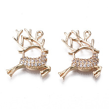 Brass Micro Pave Clear Cubic Zirconia Pendants, Long-Lasting Plated, Cadmium Free & Lead Free, Christmas Reindeer/Stag, Light Gold, 18.5x15.5x3mm, Hole: 1mm