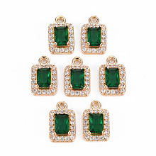 Honeyhandy Rack Plating Brass Micro Pave Clear Cubic Zirconia Charms, with Faceted Glass, Long-Lasting Plated, Cadmium Free & Lead Free, Rectangle, Green, 13x8x4.5mm, Hole: 1.4mm