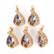 Arricraft Rack Plating Brass Micro Pave Clear Cubic Zirconia Charms, with Faceted Glass, Long-Lasting Plated, Cadmium Free & Lead Free, Peacock, Dark Orchid, 22x12.5x10mm, Hole: 3x4mm