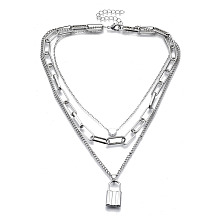 Honeyhandy Zinc Alloy 3 Layered Necklaces, Lead Free & Nickel Free, with Lobster Claw Clasps and Heart Beads, Padlock, Platinum, 14.17 inch(36cm)