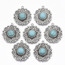 Honeyhandy Tibetan Style Alloy Pendants, with Synthetic Turquoise, Cadmium Free & Lead Free, Flower, Antique Silver, 35x31x8mm, Hole: 1.6mm