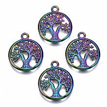 Honeyhandy Rainbow Color Alloy Pendants, Cadmium Free & Lead Free, Flat Round with Tree of Life, 18.5x15.5x1mm, Hole: 1.6mm