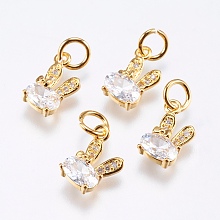 Honeyhandy Brass Micro Pave Cubic Zirconia Bunny Charms, Cadmium Free & Lead Free, Rabbit, Real 18K Gold Plated, 12x6x2.5mm, Hole: 3mm