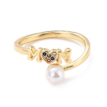 Honeyhandy Mom Heart Cubic Zirconia Cuff Ring for Mother's Day, Real 18K Gold Plated Brass Open Ring with Imitation Pearl, Cadmium Free & Lead Free, Colorful, US Size 7 1/4(17.5mm)