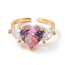 Honeyhandy Sparkling Heart Cubic Zirconia Cuff Ring for Valentine's Day, Real 18K Gold Plated Open Ring, Cadmium Free & Lead Free, Pink, US Size 6 1/2(16.9mm)