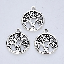 Honeyhandy Tibetan Style Alloy Pendants, Cadmium Free & Lead Free, Flat Round with Tree of Life, Antique Silver, 18.5x15.5x1.5mm, Hole: 1.6mm, about 588pcs/500g