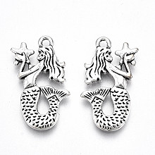 Honeyhandy Tibetan Style Alloy Pendants, Lead Free & Cadmium Free, Mermaid, Antique Silver, 28x18x2.5mm, Hole: 2mm, about 220pcs/500g