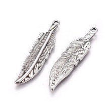 Honeyhandy Tibetan Style Alloy Charms, Lead Free & Cadmium Free, Feather, Antique Silver, 42x10x2mm, Hole: 2mm