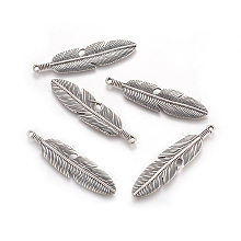 Honeyhandy Tibetan Style Alloy Feather Big Pendants, Lead Free & Cadmium Free, Antique Silver, 61x15x3mm, Hole: 2mm