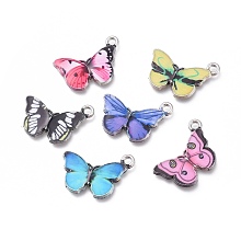 Honeyhandy Alloy Enamel Pendants, Cadmium Free & Lead Free, Butterfly, Platinum, Mixed Color, 20x12.5x2.2mm, Hole: 1.6mm