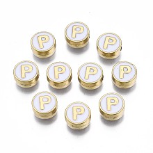 Alloy Enamel Beads, Cadmium Free & Lead Free, Light Gold, Flat Round with Alphabet, White, Letter.P, 8x4mm, Hole: 1.5mm