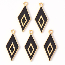 Honeyhandy Alloy Enamel Pendants, Light Gold, Cadmium Free & Lead Free, Rhombus, Black, 28x12x2mm, Hole: 1.8mm