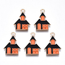 Honeyhandy Alloy Enamel Pendants, Halloween, Cadmium Free & Lead Free, House, Light Gold, Coral, 22x15.5x1.5mm, Hole: 2mm