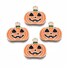 Honeyhandy Alloy Enamel Pendants, Halloween, Cadmium Free & Lead Free, Pumpkin, Light Gold, Dark Orange, 19.5x21x1.5mm, Hole: 1.8mm