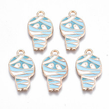 Honeyhandy Alloy Enamel Pendants, Halloween, Cadmium Free & Lead Free, Mummy, Light Gold, Light Sky Blue, 22x12.5x1.5mm, Hole: 1.8mm