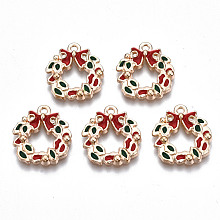 Honeyhandy Alloy Enamel Pendants, Cadmium Free & Lead Free, Christmas Wreath with Bowknot, Light Gold, Red, 17x15.5x2.5mm, Hole: 1.6mm