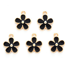 Honeyhandy Alloy Enamel Charms, Cadmium Free & Lead Free, Light Gold, Flower, Black, 15x13x2.5mm, Hole: 1.5mm