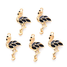 Honeyhandy Alloy Enamel Pendants, Cadmium Free & Lead Free, Light Gold, Flamingo Shape, Black, 29.5x16x3mm, Hole: 1.6mm