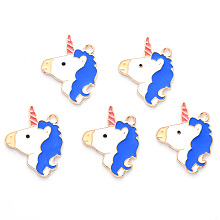 Honeyhandy Alloy Enamel Pendants, Cadmium Free & Lead Free, Light Gold, Unicorn, Dark Blue, 24.5x19.5x1mm, Hole: 1.8mm