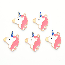 Honeyhandy Alloy Enamel Pendants, Cadmium Free & Lead Free, Light Gold, Unicorn, Pink, 24.5x19.5x1mm, Hole: 1.8mm