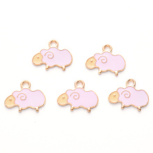 Honeyhandy Alloy Enamel Pendants, Cadmium Free & Lead Free, Light Gold, Sheep, Pink, 19x15x1mm, Hole: 2mm