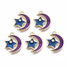 Honeyhandy Alloy Enamel Pendants, with Crystal Rhinestone with Glitter Powder, Cadmium Free & Lead Free, Purple Moon with Blue Star, Light Gold, Colorful, 18x14x2mm, Hole: 1.6mm