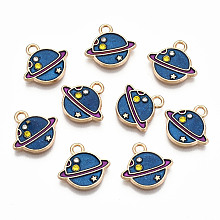 Honeyhandy Alloy Enamel Charms, with Rhinestone with Glitter Powder, Cadmium Free & Lead Free, Planet, Light Gold, Blue, 12.5x13.5x2mm, Hole: 1.6mm