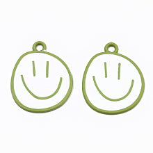 Honeyhandy Spray Painted Alloy Pendants,  Cadmium Free & Lead Free, with White Enamel, Smiling Face, Yellow Green, 24x20x1mm, Hole: 2mm