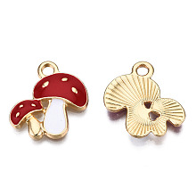 Honeyhandy Alloy Enamel Pendants, Cadmium Free & Lead Free, Double Mushroom, Light Gold, Red, 19.5x18x2.5mm, Hole: 2.5mm