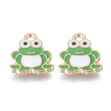 Honeyhandy Alloy Enamel Charms, Cadmium Free & Lead Free, Frog Shape, Light Gold, Lime Green, 14.5x13x2mm, Hole: 1.8mm