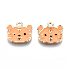 Honeyhandy Light Gold Plated Alloy Enamel Pendants, Cadmium Free & Lead Free, Tiger, Orange, 13.5x15x1.5mm, Hole: 1.8mm