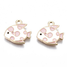 Honeyhandy Light Gold Plated Alloy Enamel Pendants, Cadmium Free & Lead Free, Fish, Pink, 15x16x1.5mm, Hole: 1.8mm