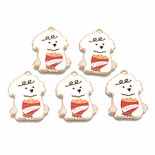 Honeyhandy Alloy Enamel Pendants, Cadmium Free & Lead Free, Dog Hold Potato Chips, Light Gold, White, 32x22x1.5mm, Hole: 1.8mm