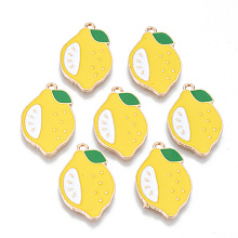 Honeyhandy Alloy Enamel Pendants, Cadmium Free & Lead Free, Lemon, Light Gold, Yellow, 25x16x1.5mm, Hole: 1.6mm