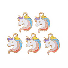 Honeyhandy Alloy Enamel Pendants, Cadmium Free & Lead Free, Light Gold, Unicorn, Colorful, 18x13x1.5mm, Hole: 1.5mm