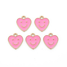 Honeyhandy Alloy Enamel Charms, Cadmium Free & Lead Free, Light Gold, Heart with Smile, Pearl Pink, 13x12x1.5mm, Hole: 1.6mm