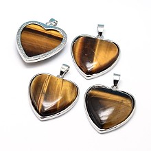 Honeyhandy Heart Platinum Plated Brass Natural Tiger Eye Pendants, Cadmium Free & Lead Free, 36x31x7mm, Hole: 4x8mm