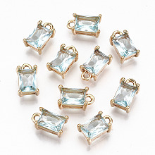 Honeyhandy Brass Glass Rhinestone Pendants, Long-Lasting Plated, Cadmium Free & Lead Free, Rectangle, Light Gold, Aquamarine, 10x6x4.5mm, Hole: 1.4mm