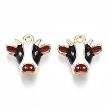 Honeyhandy Alloy Enamel Charms, Cadmium Free & Lead Free, Cow, Light Gold, FireBrick, 15x15x4.5mm, Hole: 1.6mm