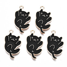 Honeyhandy Eco-Friendly Alloy Enamel Pendants, Cadmium Free & Lead Free, Cat, Light Gold, Black, 29.5x16x1.5mm, Hole: 2mm