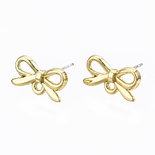 Honeyhandy Alloy Stud Earring Findings, with Loop and Steel Pin, Bowknot, Cadmium Free & Lead Free, Light Gold, 8x14mm, Hole: 1.4mm, Pin: 0.7mm