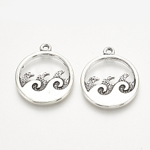 Honeyhandy Tibetan Style Alloy Pendants, Flat Round with Sea Wave, Cadmium Free & Lead Free, Antique Silver, 23.5~24x20.5x2mm, Hole: 1.5mm