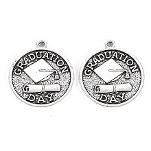 Honeyhandy Tibetan Style Alloy Pendants, Lead Free & Cadmium Free, Flat Round with Word Graduation Day, Antique Silver, 25x22x1mm, Hole: 1.8mm