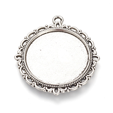 Honeyhandy Tibetan Style Alloy Pendant Cabochon Settings, Flat Round, Cadmium Free & Lead Free, Antique Silver, Tray: 25mm, 37x34x2mm, Hole: 2mm